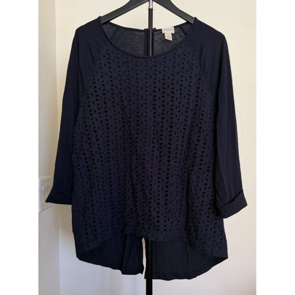 Chico’s Women’s XL Blue Eyelet Knit Pullover Blouse Round Neck 3/4 Sleeve